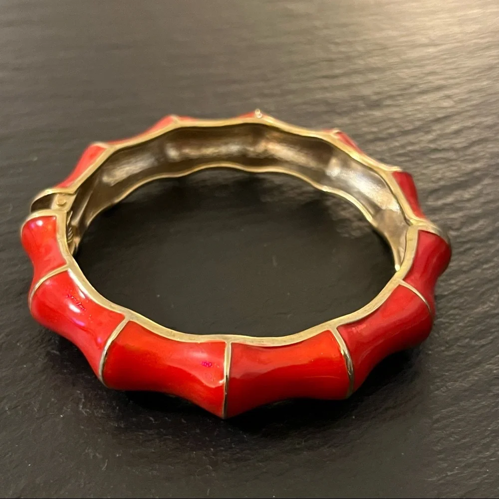 Set of Blue and Red Enamel on Gold Tone Spring Open Bracelets